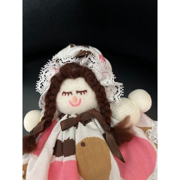 Vtg Handmade Little Girl Doll With Brown Braids With a Granny Hat Abstract Dress - Picture 5 of 7